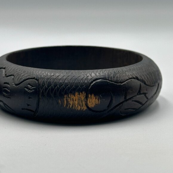 3/$30 Wood Bangle Bracelet Lot Carved Rhino Animal Design Dark Brown Wooden - Picture 5 of 11